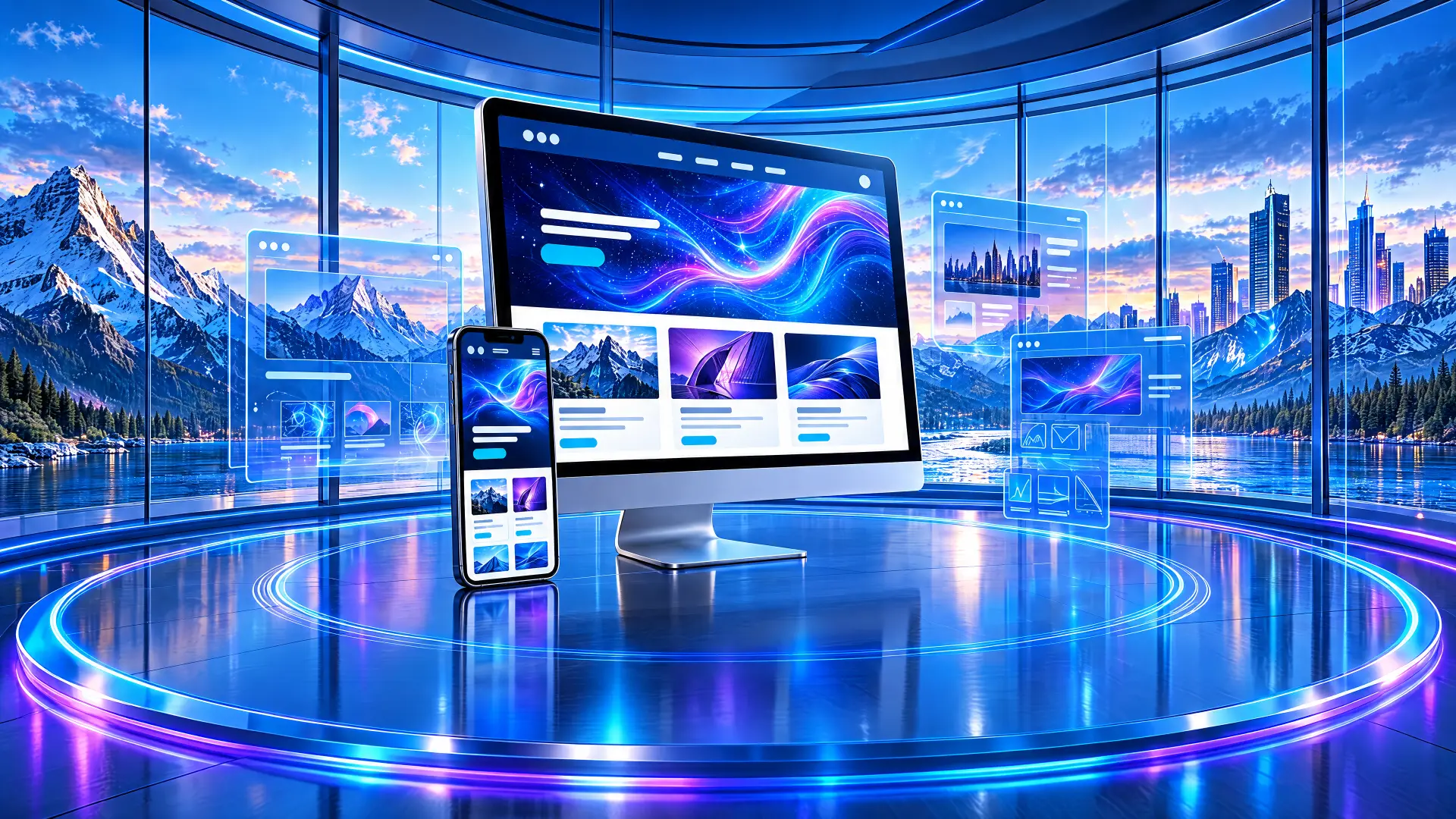 Sito web moderno visualizzato su computer e smartphone in uno spazio digitale panoramico